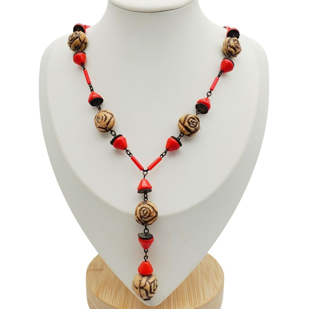 Czech Art Deco Neiger Lavalier Necklace Glass Beads Antique Deco Red Brown Rose
